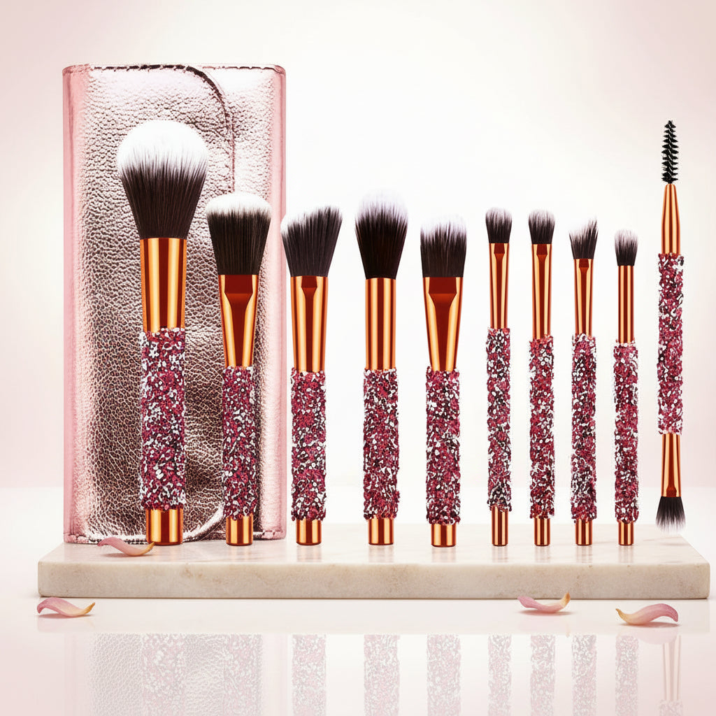 10-piece crystal handle makeup brush set with soft bristles for face and eye makeup application.
