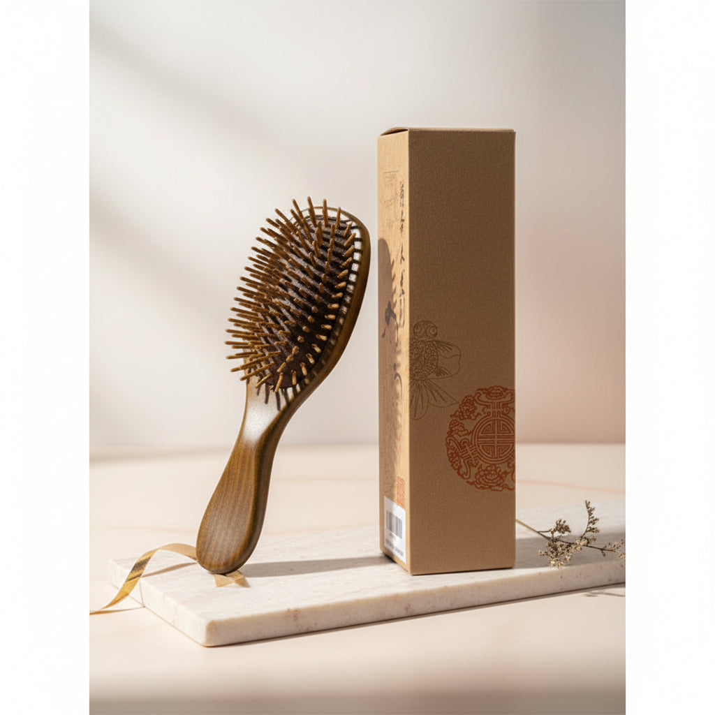 Natural sandalwood comb used for gentle everyday hair care