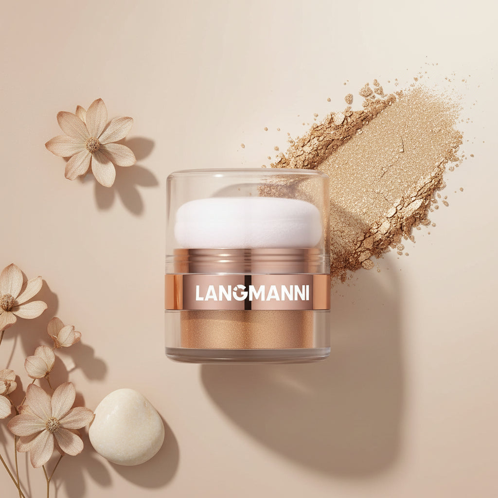 Luminous highlighter powder with warm golden tones.