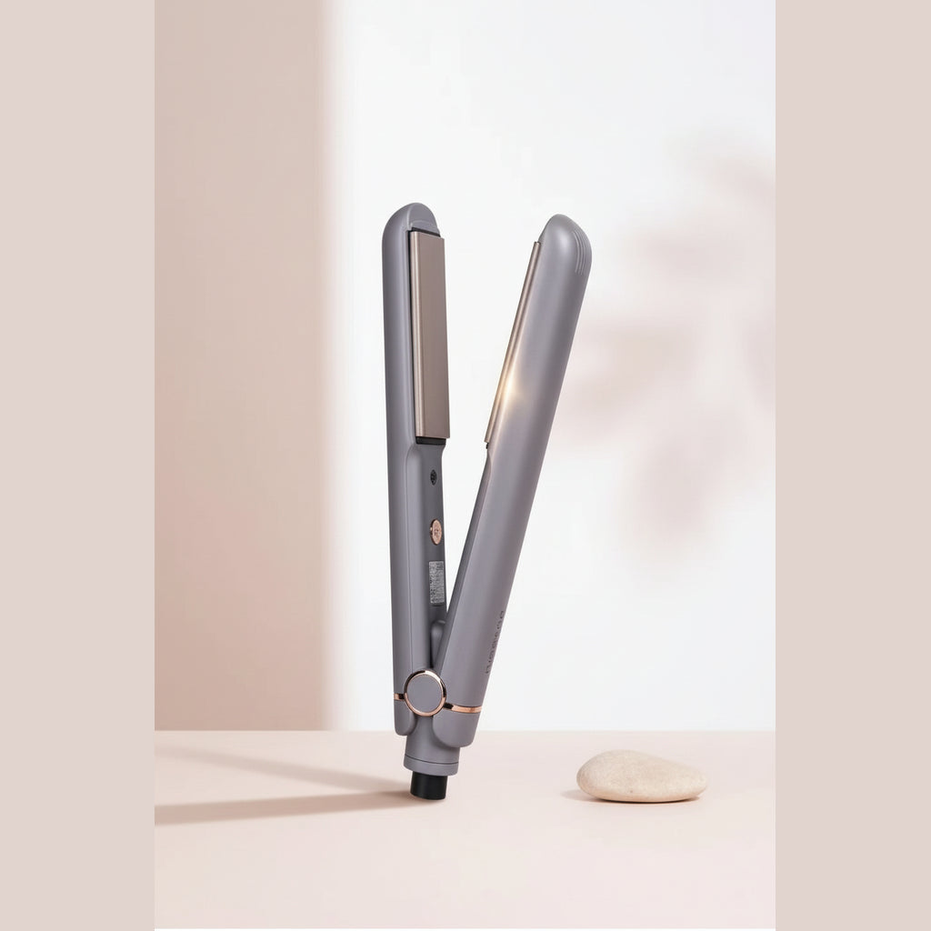Woman using ceramic flat iron hair straightener