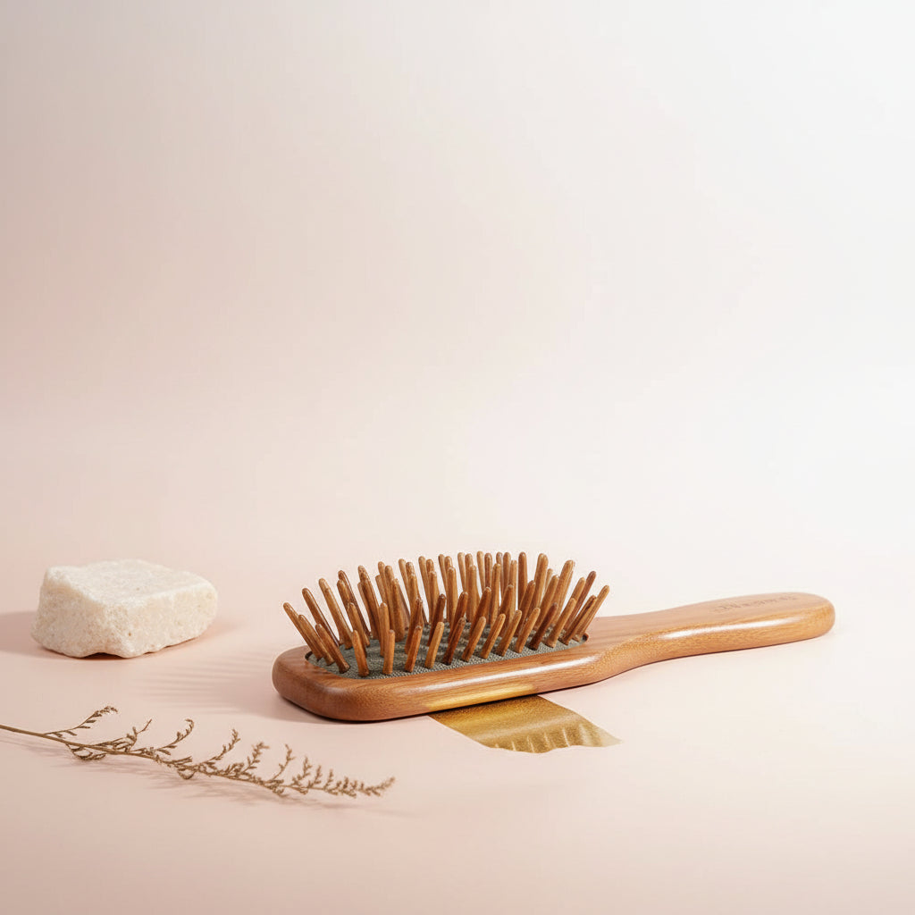 Natural wooden comb gently detangling hair
