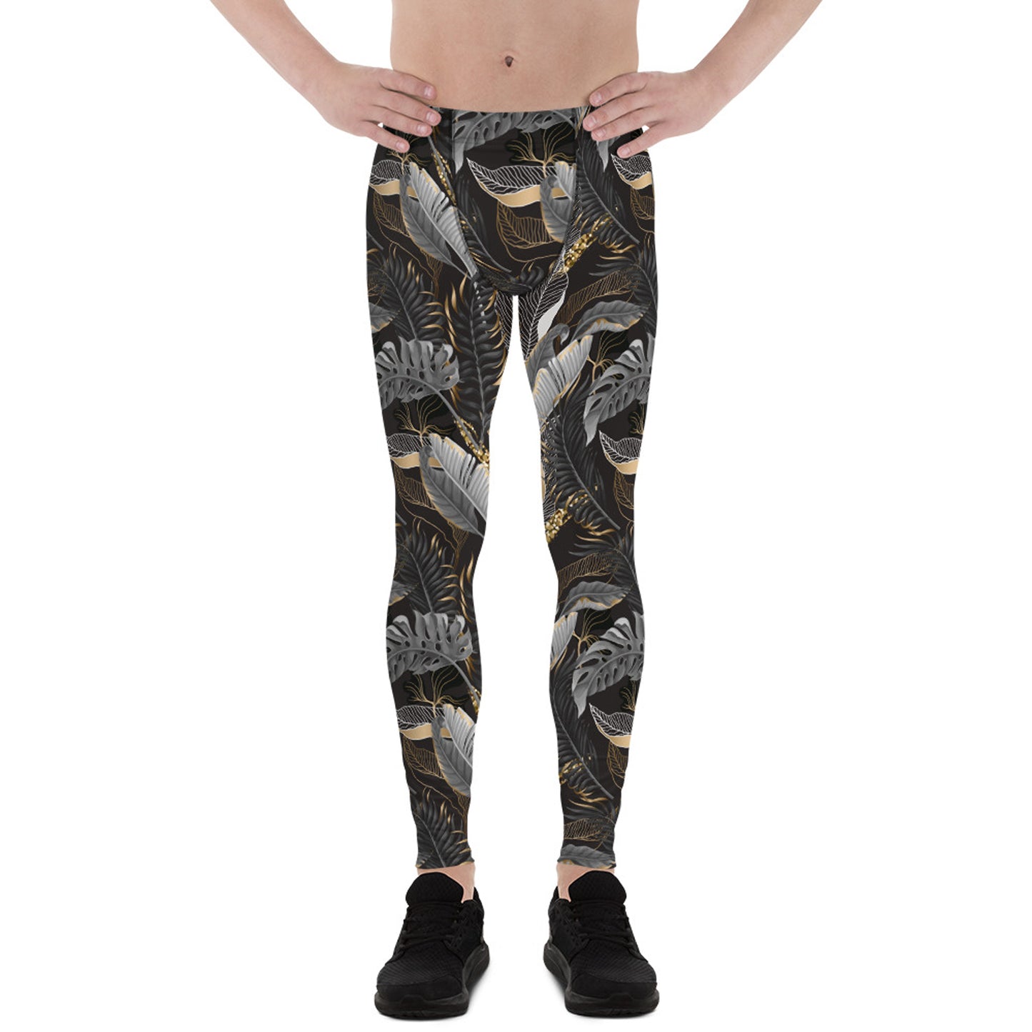 Black and Gold Palm Leaf Leggings for Men