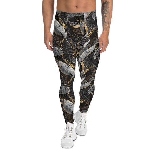 Black and Gold Palm Leaf Leggings for Men