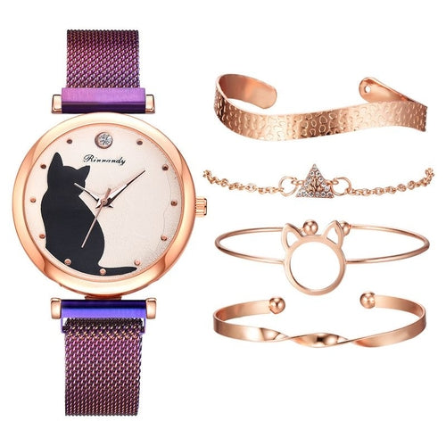 Women Fashion Watches Quartz Wristwatch Purple Mesh Belt Cat Dial