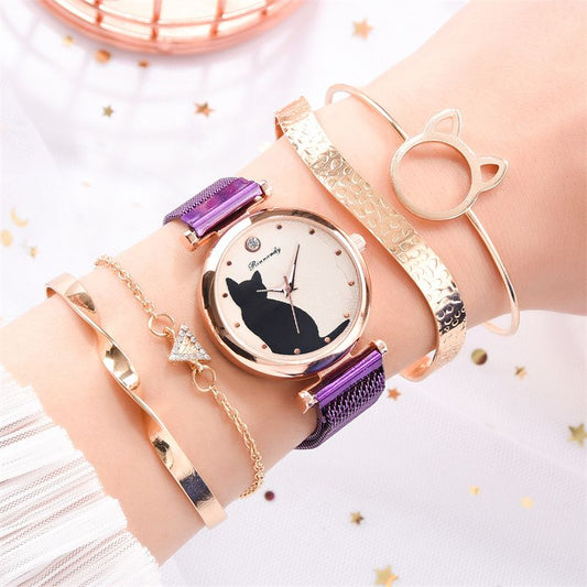 Women Fashion Watches Quartz Wristwatch Purple Mesh Belt Cat Dial