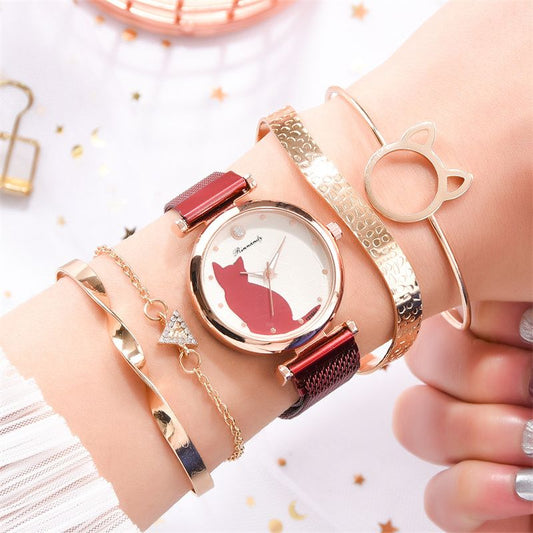 Women Fashion Watches Set 5Pcs Quartz Wristwatch Mesh Belt Cat Dial